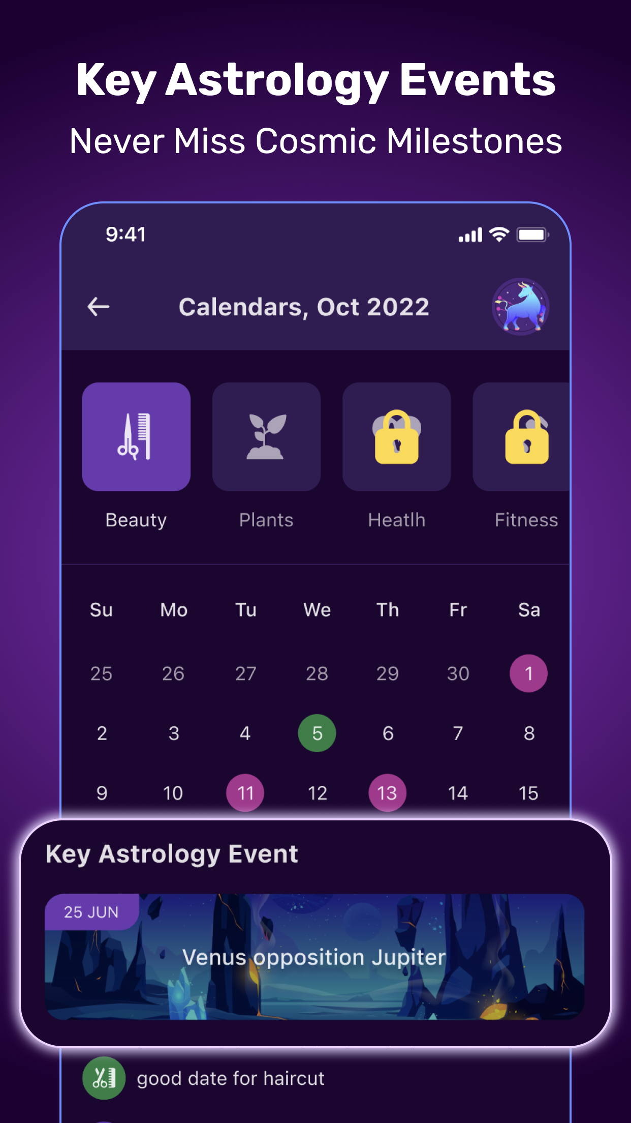 Astrology calendar with best days for beauty, health and fitness plus key astrology events